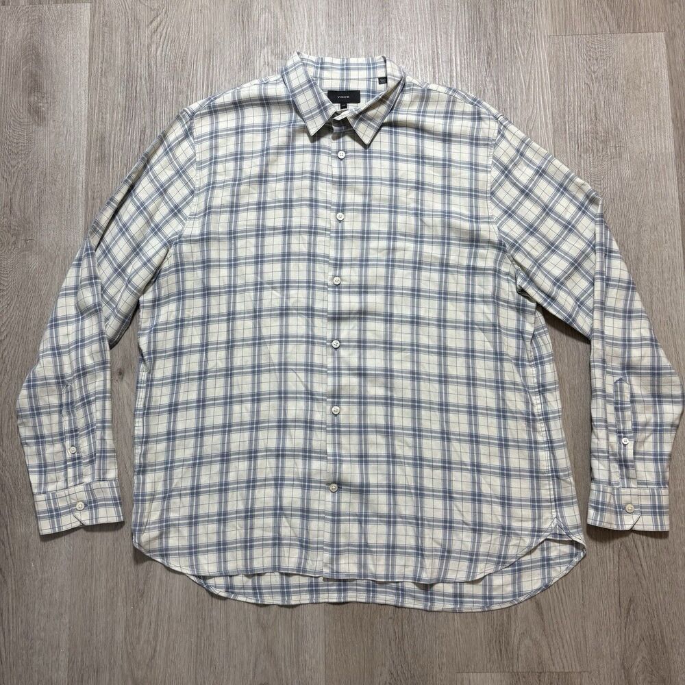 Vince Shirt Mens 2XL White Blue Plaid Flannel L/S Button Up Classic Fit